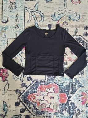 Justice Girls Black Ribbed Corset Seam Long Sleeve Top Size Large.